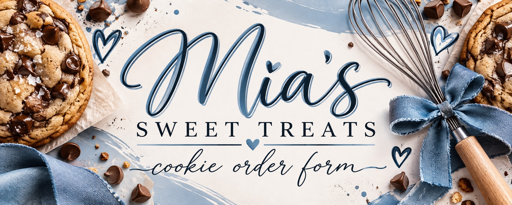 Mia's Sweet Treats — cookie order form banner with chocolate chip cookies and a whisk